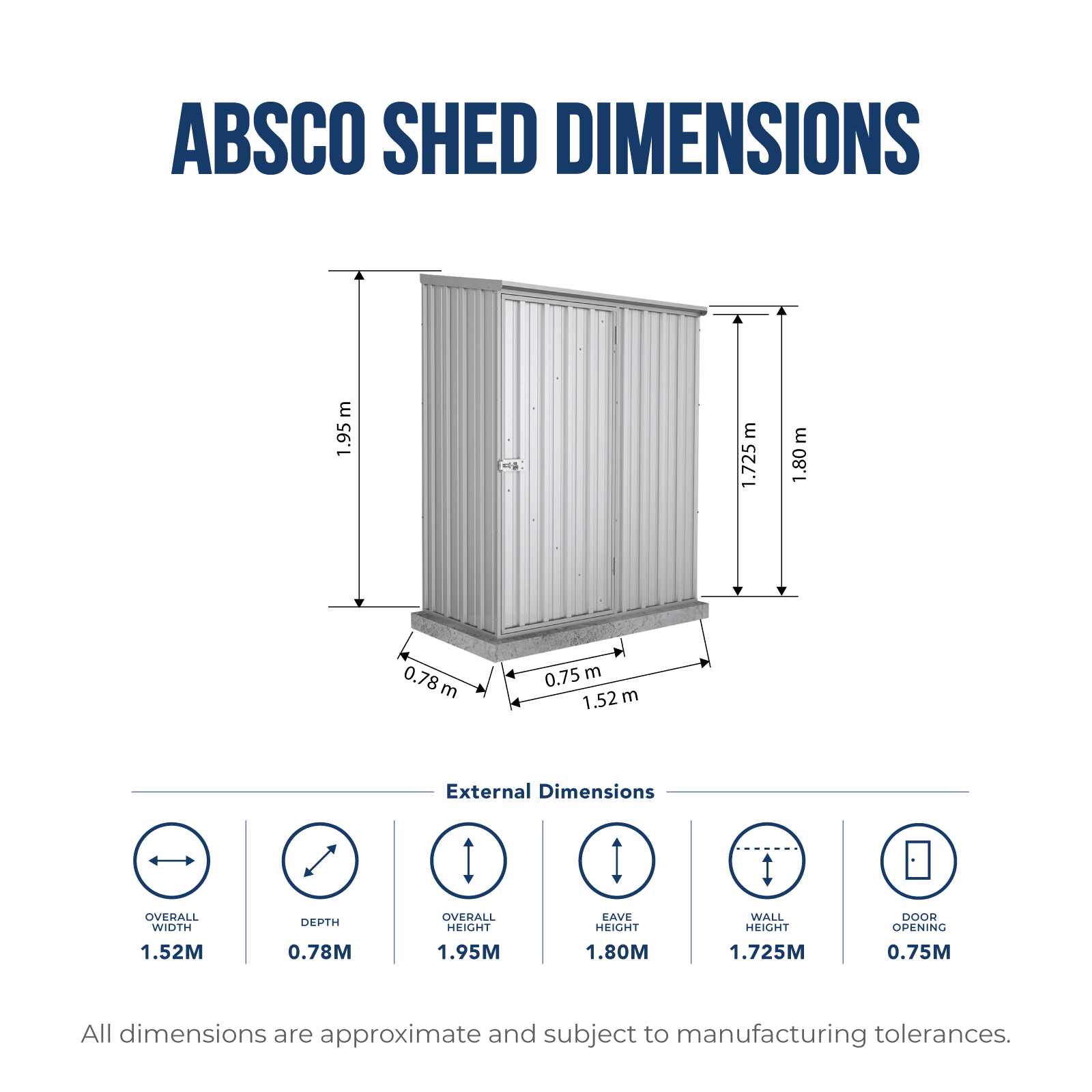 1.52mW x 0.78mD x 1.95mH Garden Shed Single Door Zincalume with Anchors