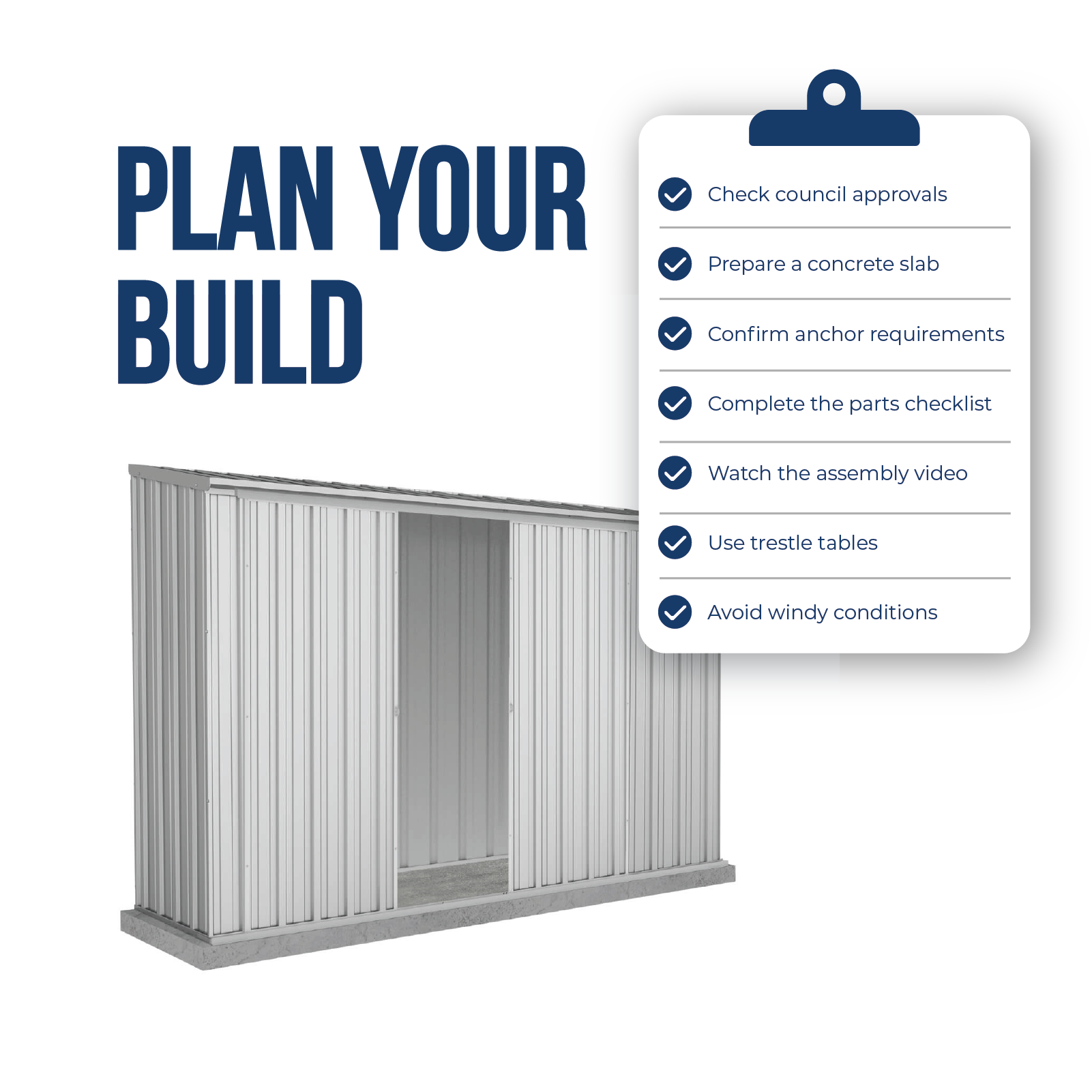 3.00mW x 0.78mD x 1.95mH Garden Shed Ezislider Double Door Zincalume with Anchors