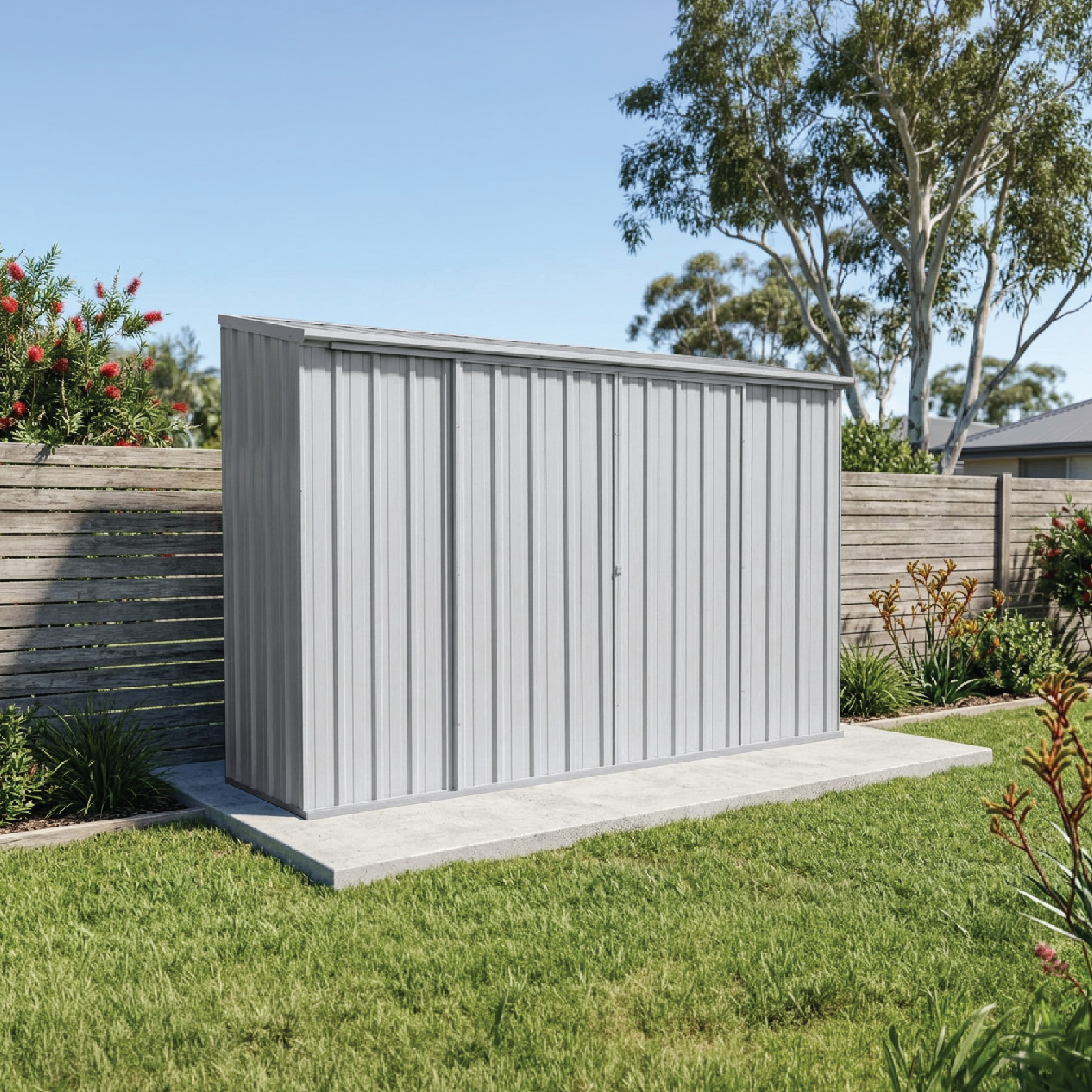 3.00mW x 0.78mD x 1.95mH Garden Shed Ezislider Double Door Zincalume with Anchors