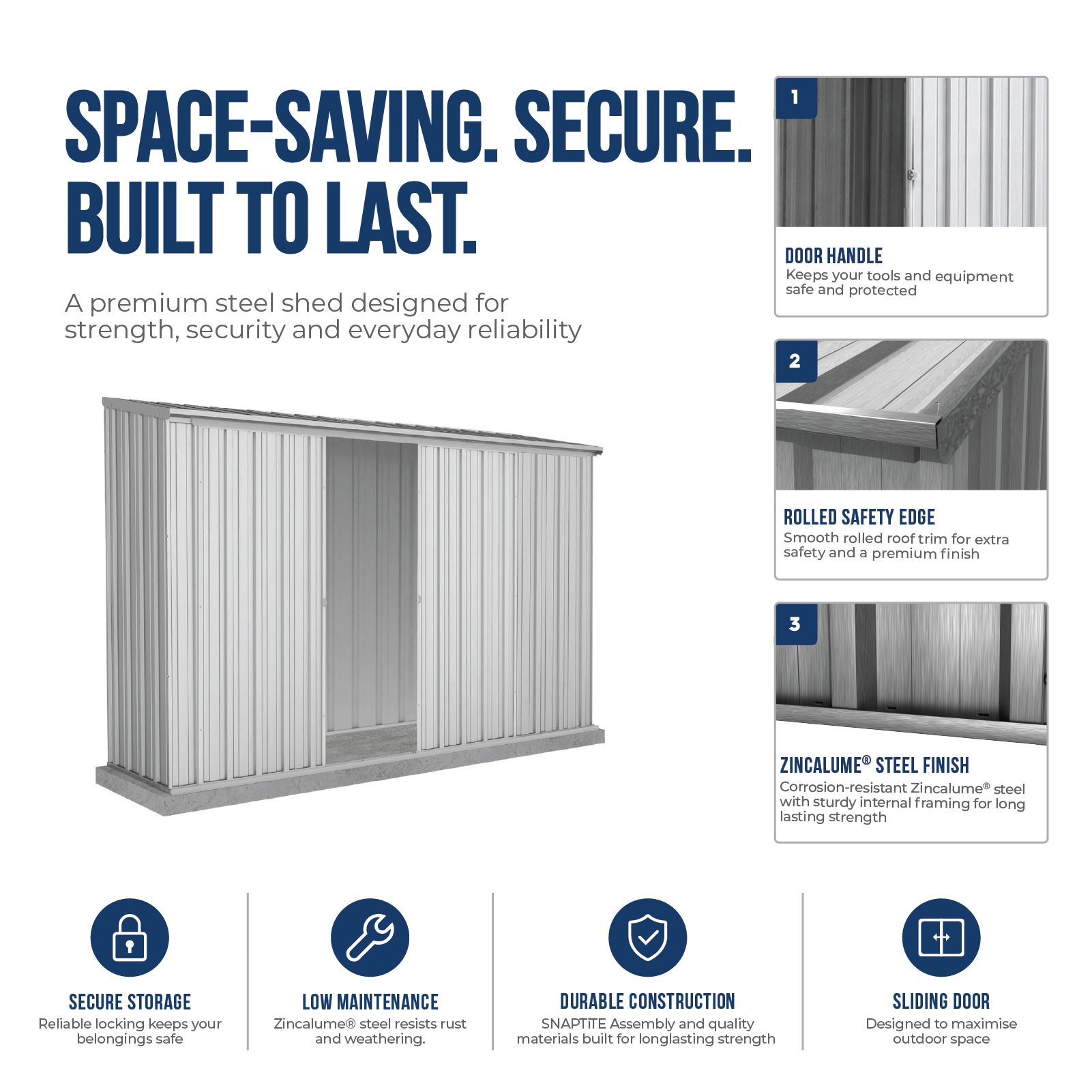 3.00mW x 0.78mD x 1.95mH Garden Shed Ezislider Double Door Zincalume with Anchors