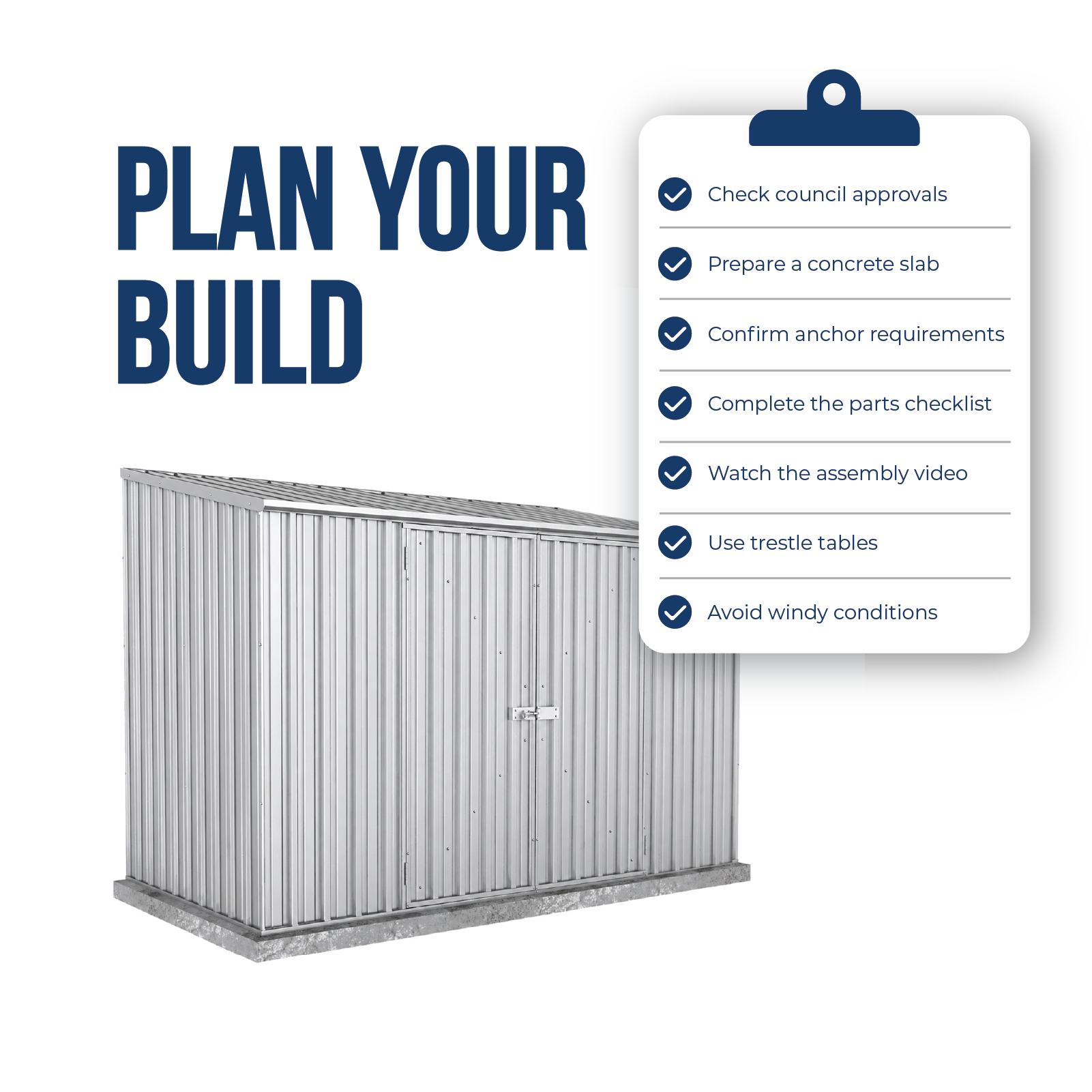 3.00mW x 1.52mD x 2.08mH Garden Shed Double Door Zincalume with Anchors