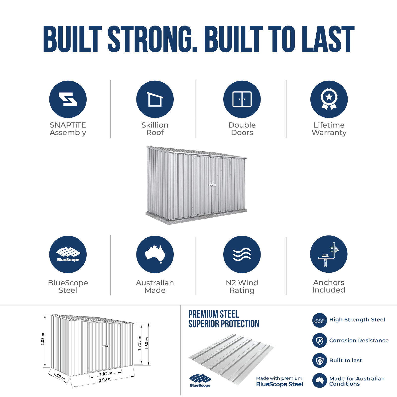 3.00mW x 1.52mD x 2.08mH Garden Shed Double Door Zincalume with Anchors