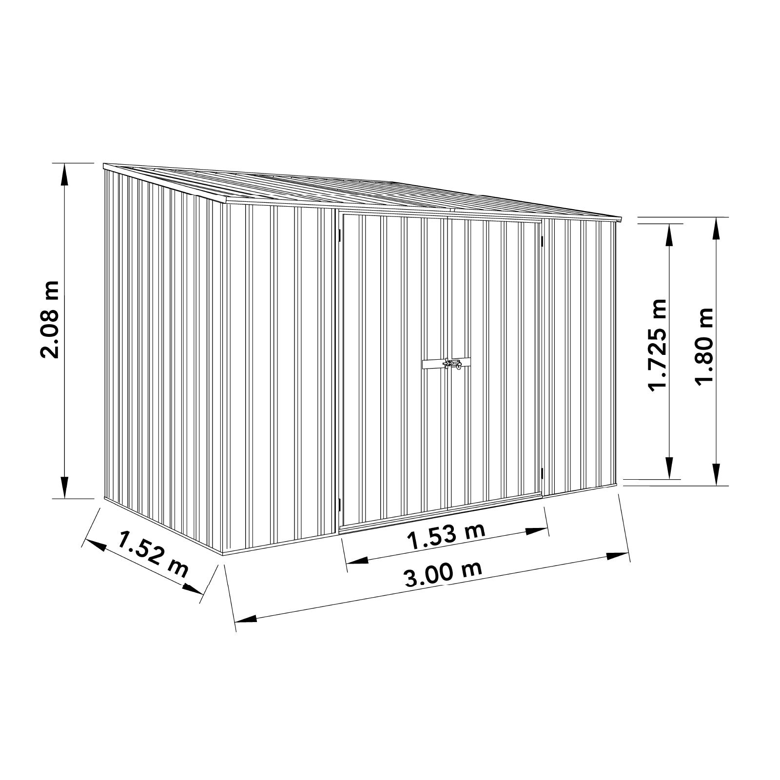 3.00mW x 1.52mD x 2.08mH Garden Shed Double Door Zincalume
