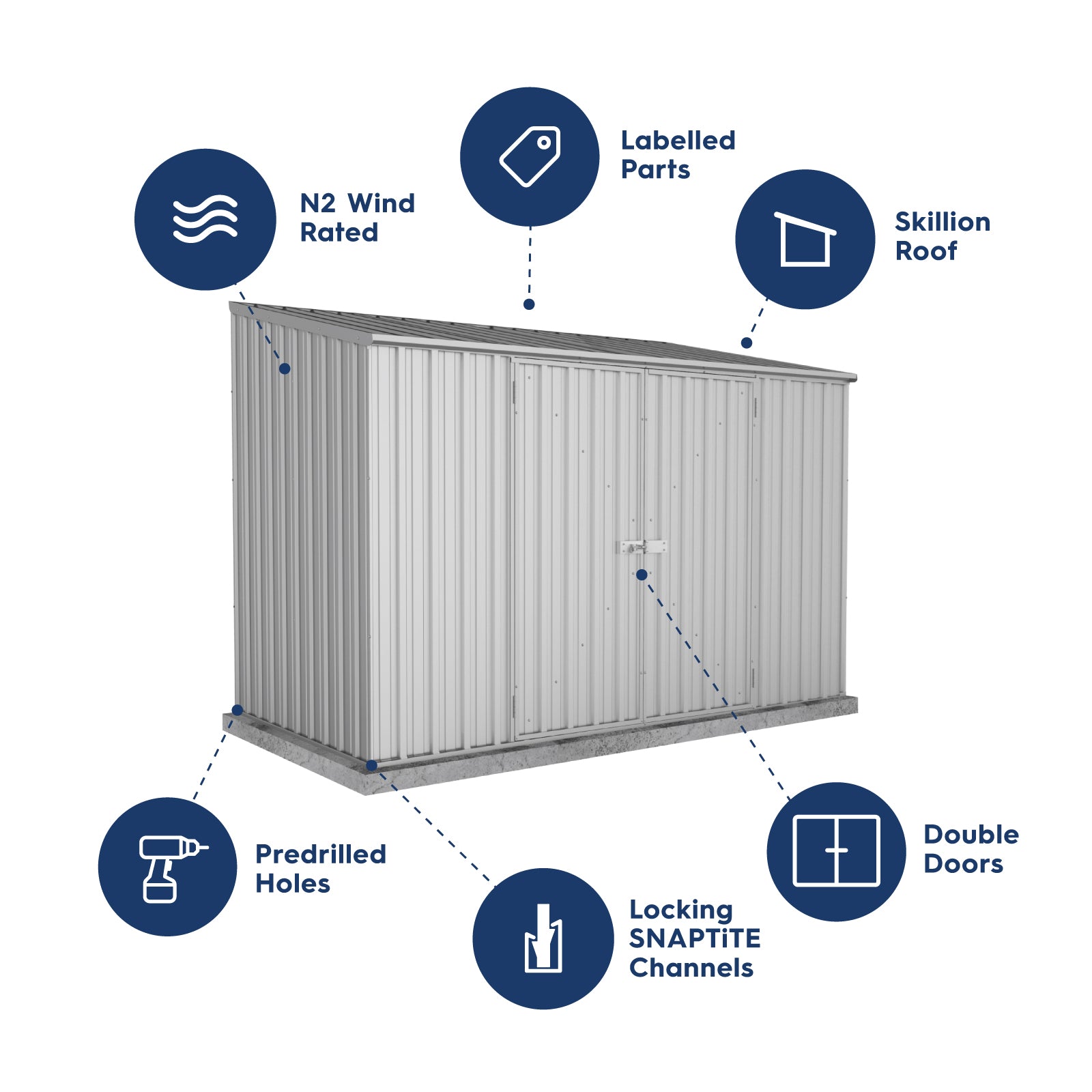 3.00mW x 1.52mD x 2.08mH Garden Shed Double Door Zincalume