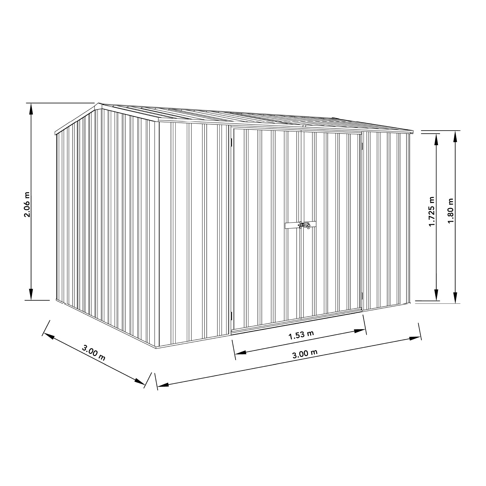 3.00mW x 3.00mD x 2.06mH Garden Shed Double Door Zincalume