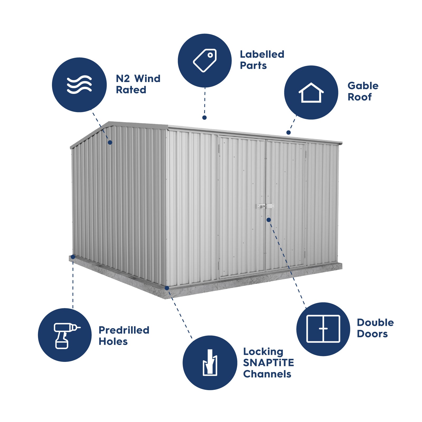 3.00mW x 3.00mD x 2.06mH Garden Shed Double Door Zincalume
